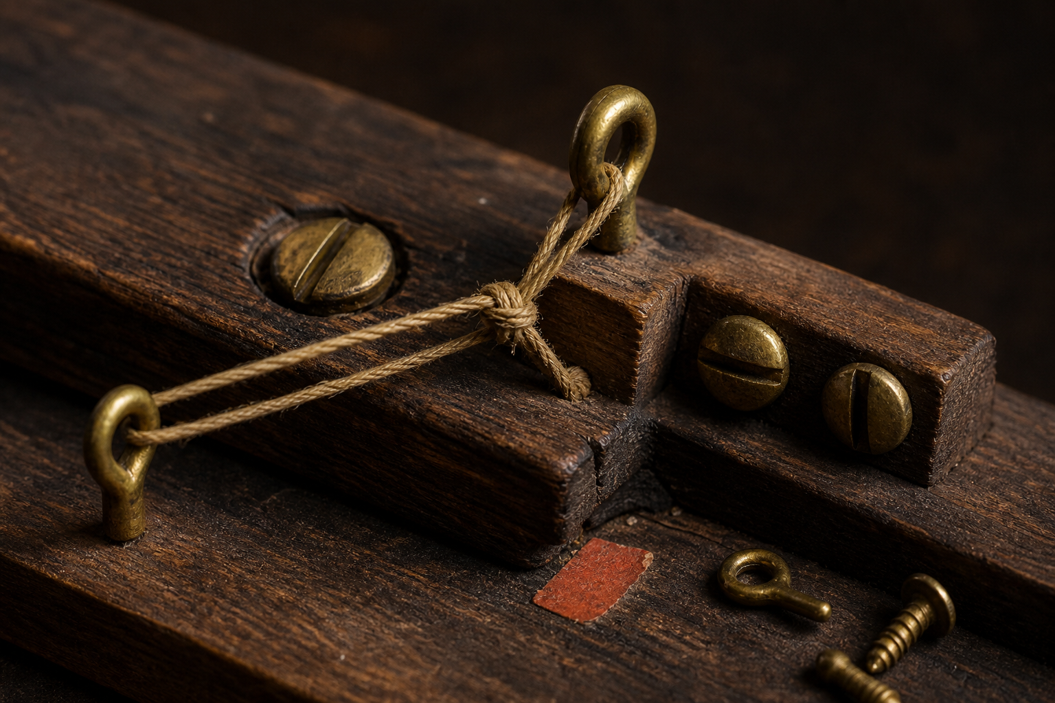 Aged brass screws and a hemp rigging knot on dark timber