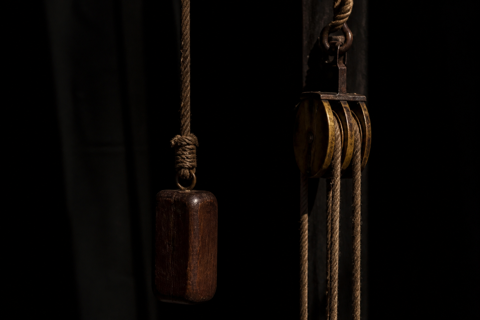 Timber counterweight hanging from hemp rope beside a brass pulley