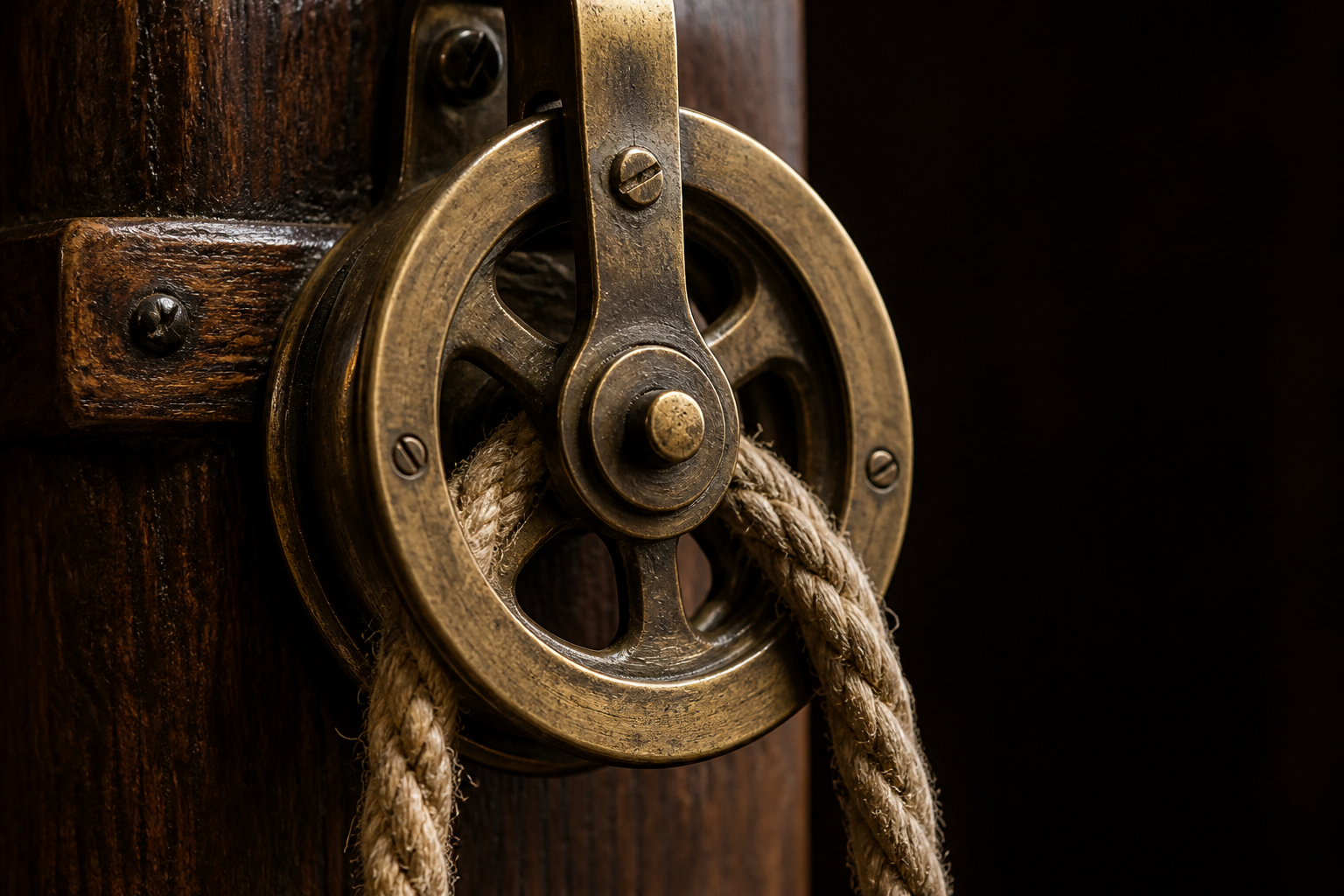 Aged brass pulley with hemp rope