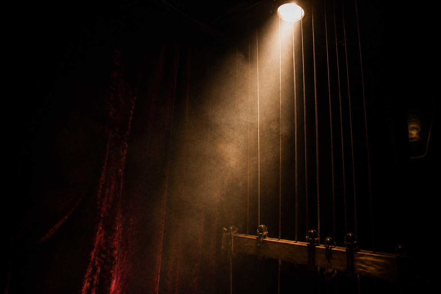 Spotlight cone through dusty air on hanging strings