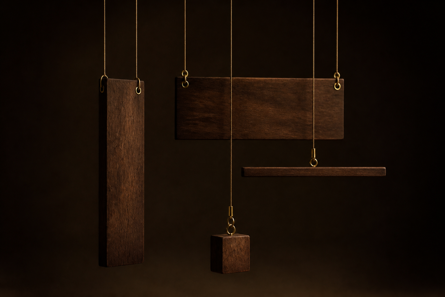 Suspended wooden elements hanging at different heights from strings