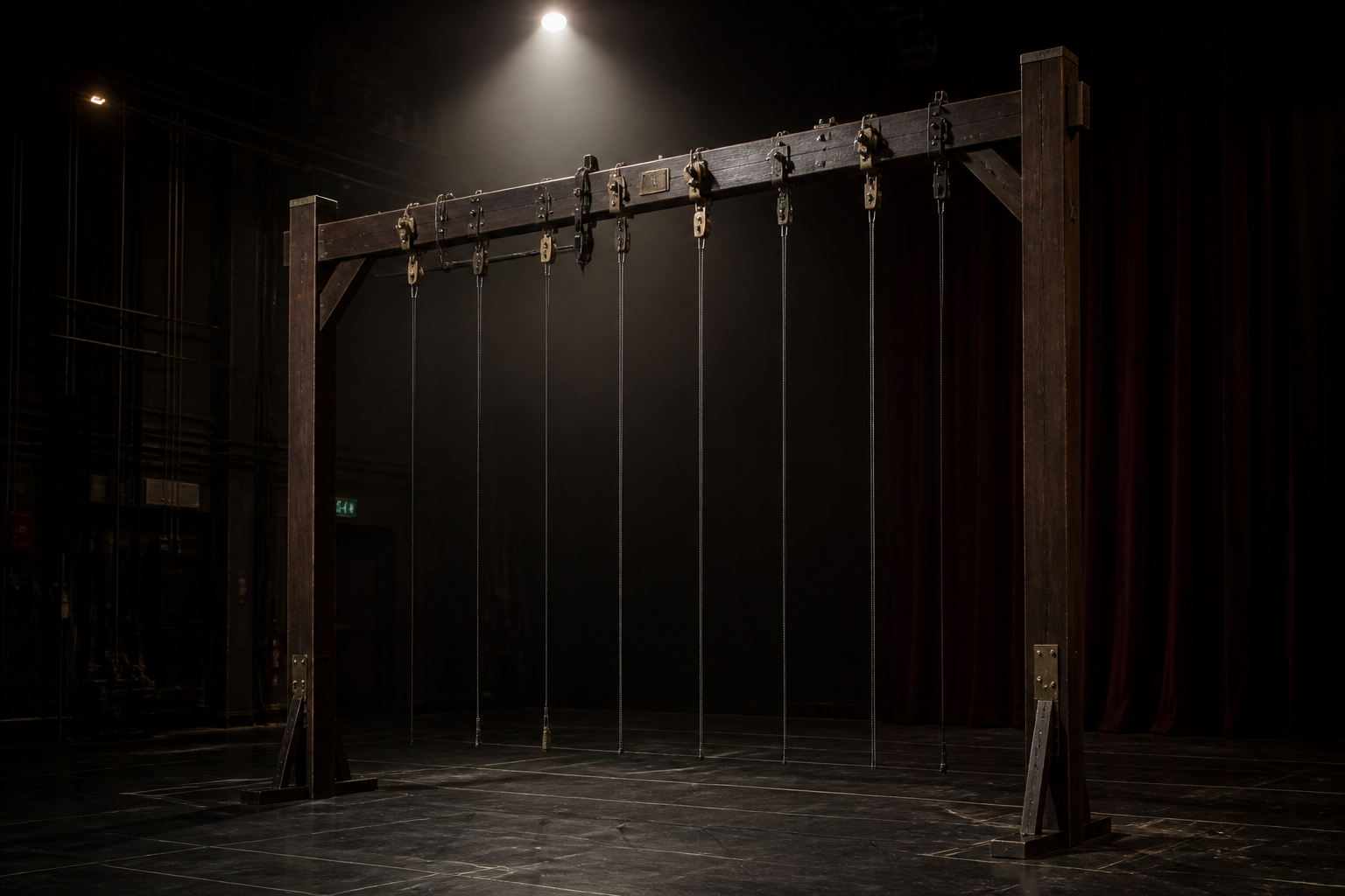 Dark timber rigging frame with descending strings in low light